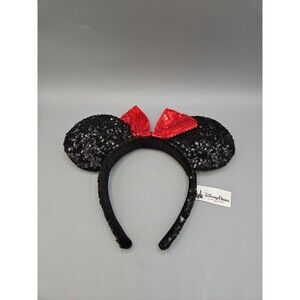 DISNEY PARKS MINNIE MOUSE SEQUENCED EARS BLACK WITH RED BOW